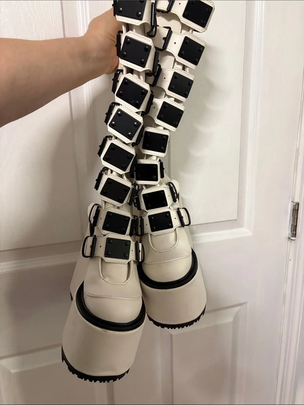 Demonia White Knee-High Platform Buckle Boots size 6 Goth